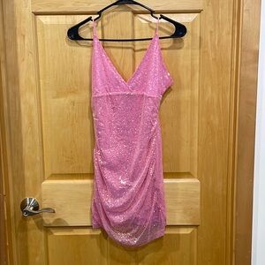 Molicuty pink sequin dress size S v-neck adjustable straps tie in back